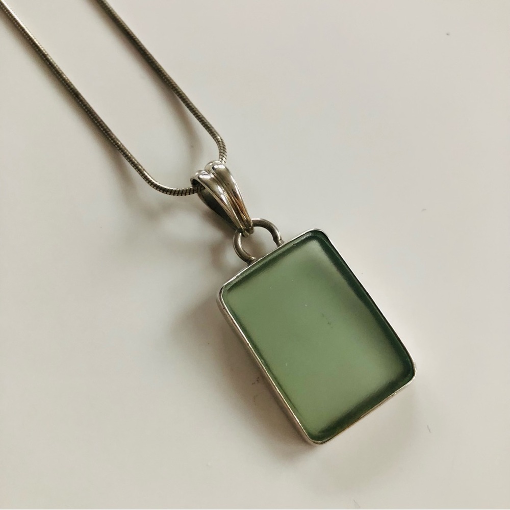 Sterling Silver Bezel Set Green Sea Glass Pendant Necklace